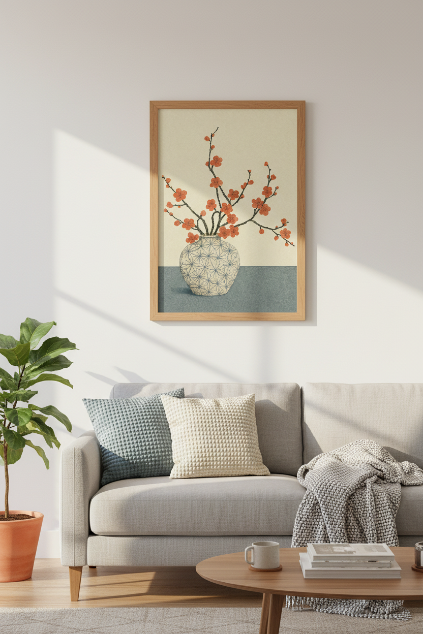 Japanese Cherry Blossom Art | Red Floral Vase Print, Zen Living Room Decor