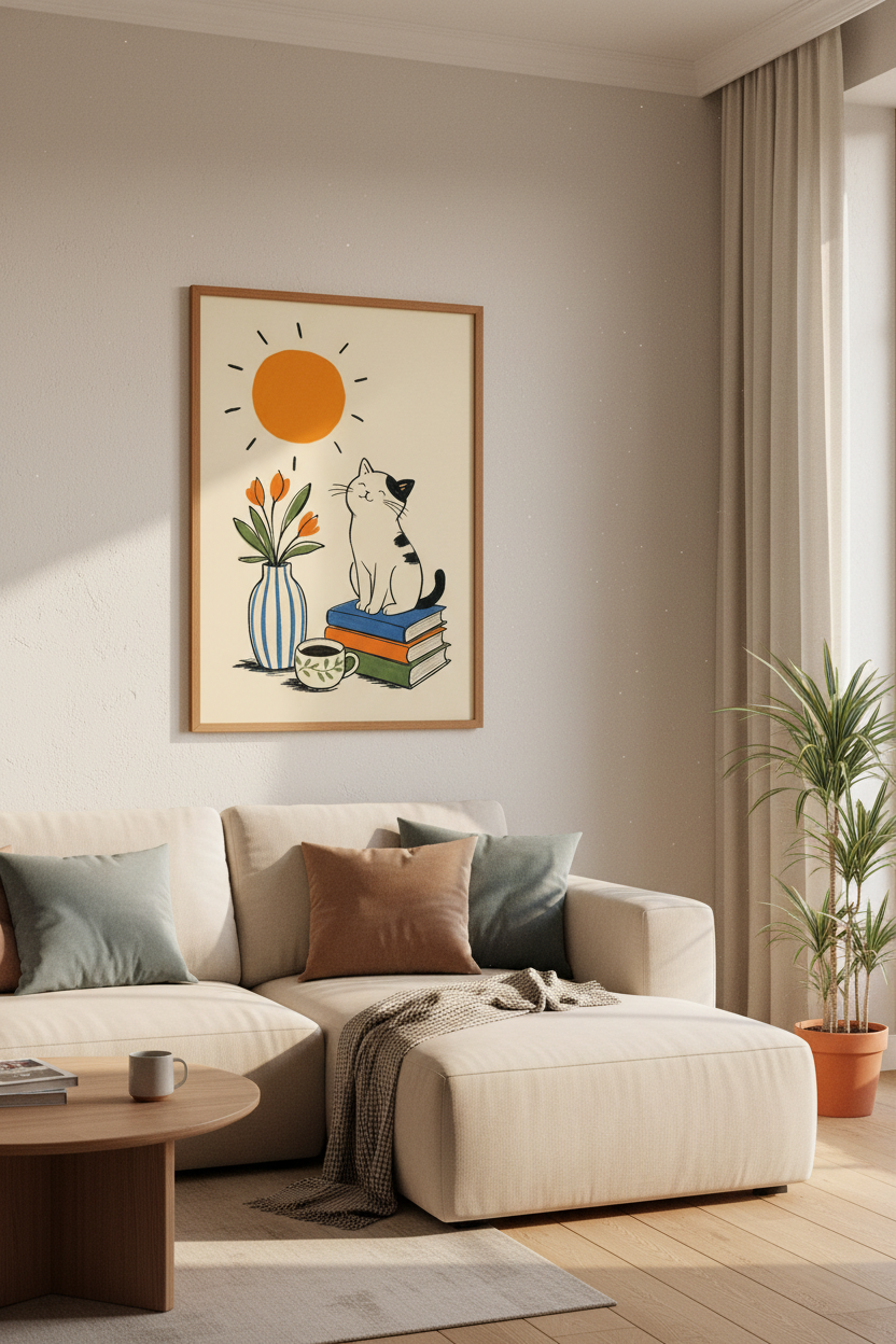 Happy Cat on Books Wall Art Print | Reading Nook Decor | Whimsical Boho Poster