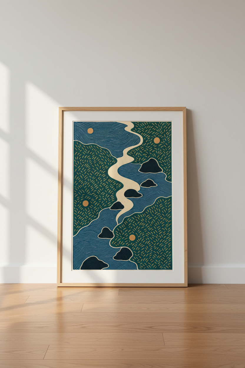 Japanese River Landscape | Abstract Navy &amp; Green Zen Art Print, Living Room Decor