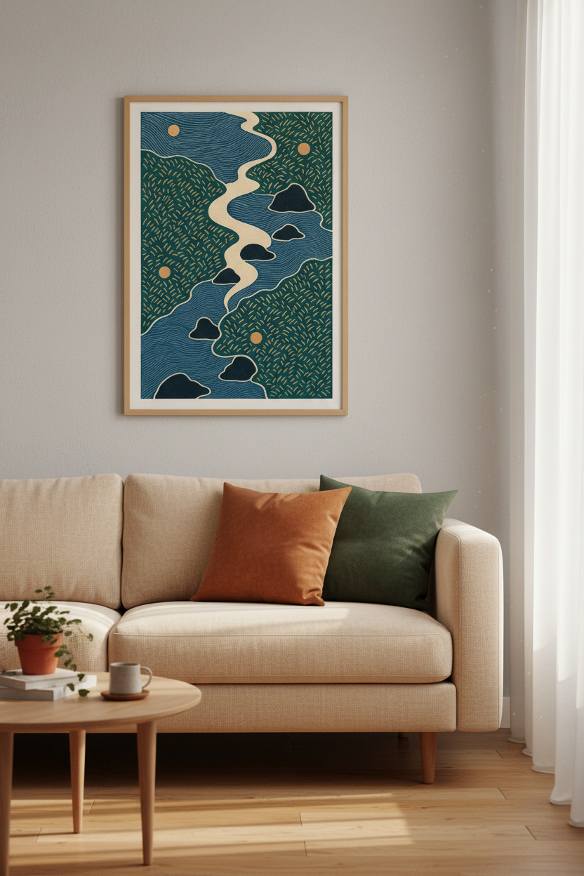 Japanese River Landscape | Abstract Navy &amp; Green Zen Art Print, Living Room Decor