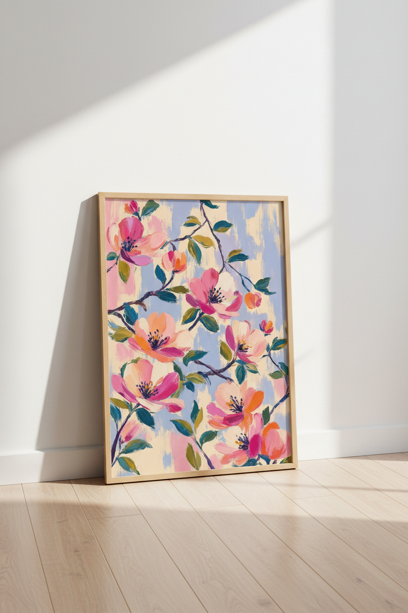 Pink Floral Oil Painting | Botanical Pastel Blossom, Bedroom Decor Poster