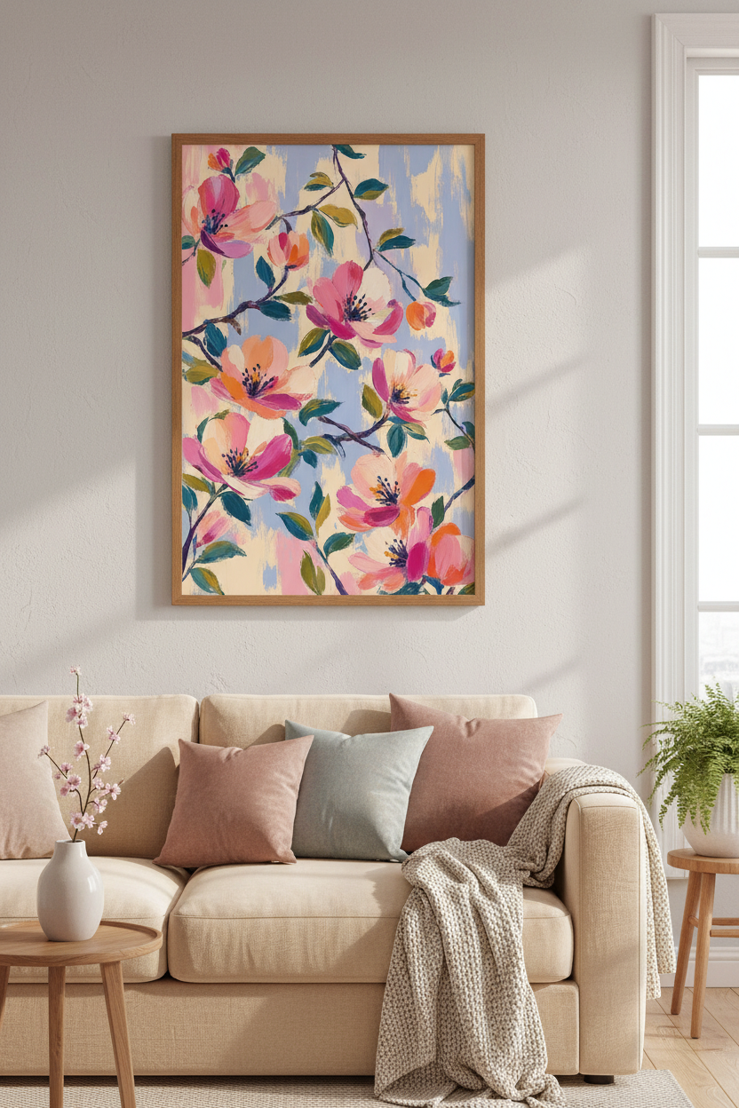 Pink Floral Oil Painting | Botanical Pastel Blossom, Bedroom Decor Poster