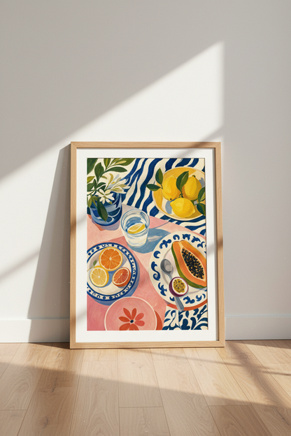 Mediterranean Fruit Still Life Art Print | Colorful Kitchen Decor | Summer Poster