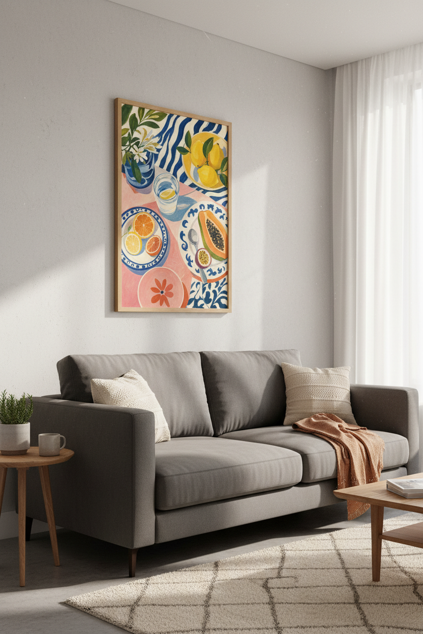 Mediterranean Fruit Still Life Art Print | Colorful Kitchen Decor | Summer Poster