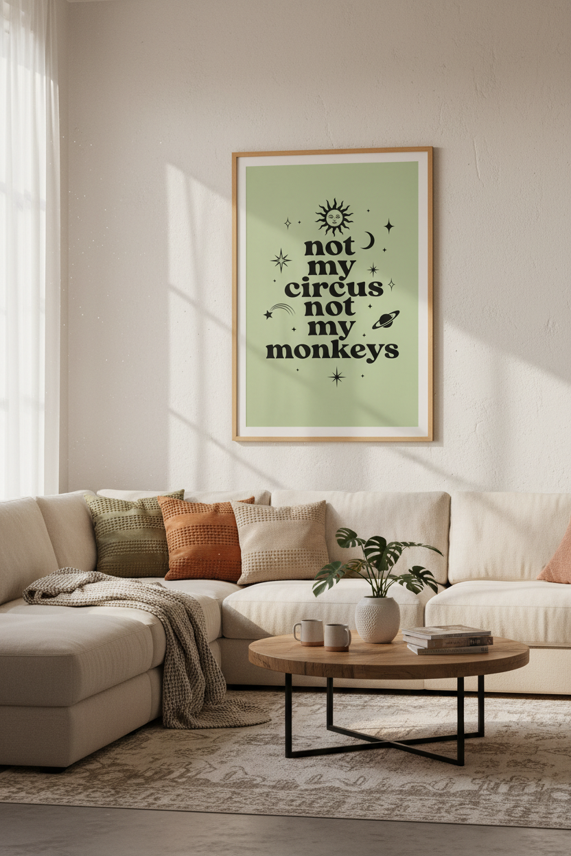 Not My Circus Not My Monkeys Wall Art | Sage Green Celestial Poster | Retro Dorm Decor