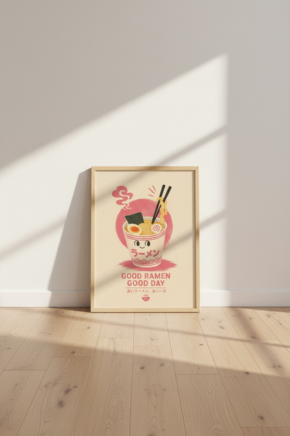 Cute Ramen Cup Wall Art Print | Retro Japanese Food Poster, Kawaii Kitchen Decor