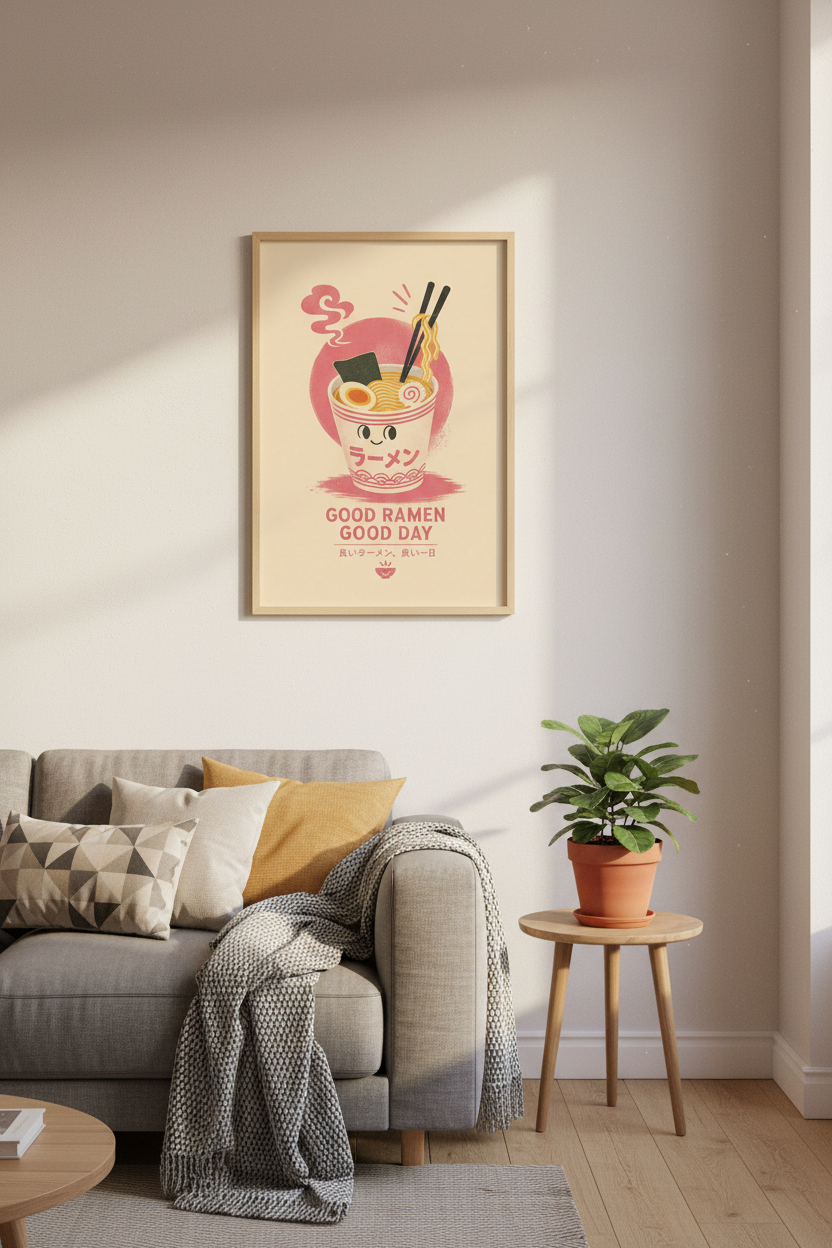 Cute Ramen Cup Wall Art Print | Retro Japanese Food Poster, Kawaii Kitchen Decor