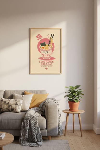 Cute Ramen Cup Wall Art Print | Retro Japanese Food Poster, Kawaii Kitchen Decor