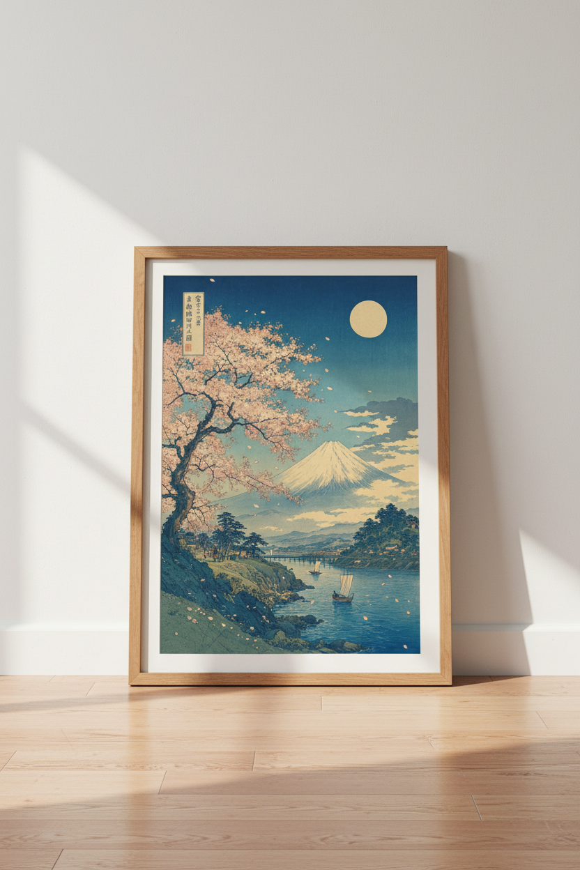 Mount Fuji Cherry Blossom Wall Art | Japanese Landscape, Zen Bedroom Decor