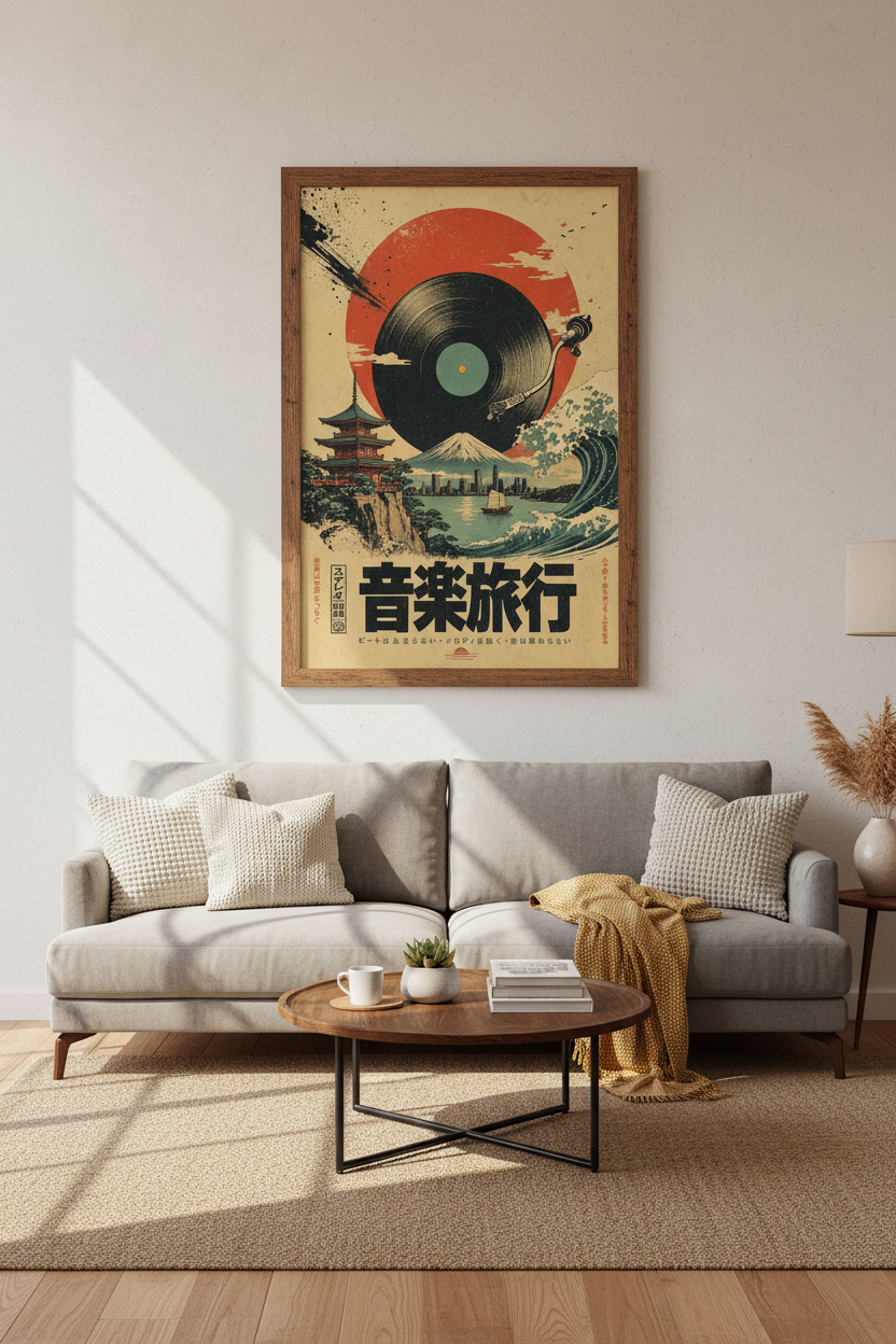 Japanese Vinyl Record Wall Art | Ukiyo-e Music Poster, Retro Studio Decor