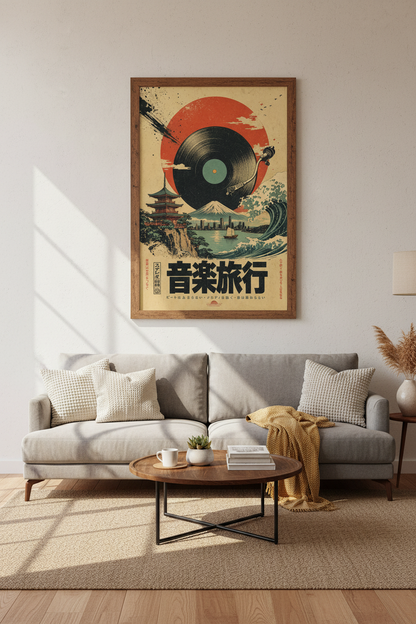 Japanese Vinyl Record Wall Art | Ukiyo-e Music Poster, Retro Studio Decor