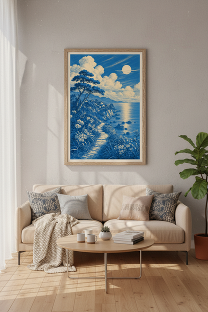 Japanese Coastal Landscape Wall Art | Blue Moonlight Sea Poster | Zen Home Decor