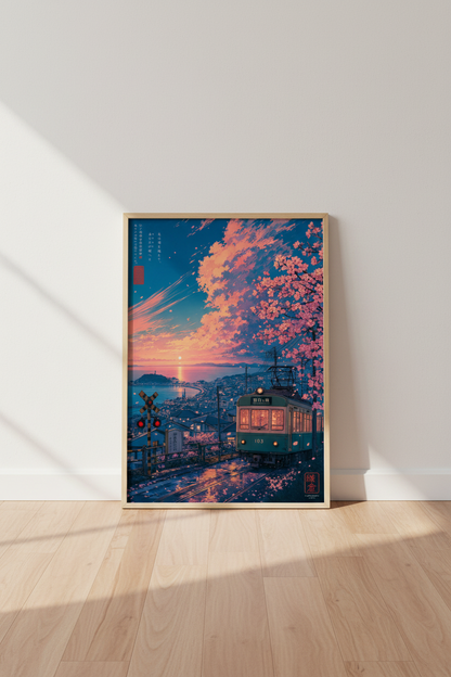 Japanese Sunset Train Art | Anime Landscape, Cherry Blossom Decor