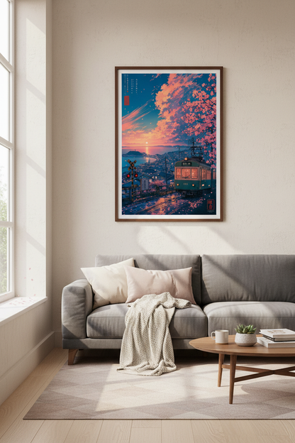 Japanese Sunset Train Art | Anime Landscape, Cherry Blossom Decor