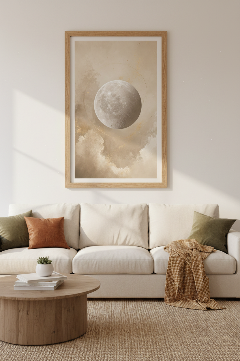 Full Moon Celestial Wall Art | Beige and Gold Minimalist Poster, Bedroom Decor