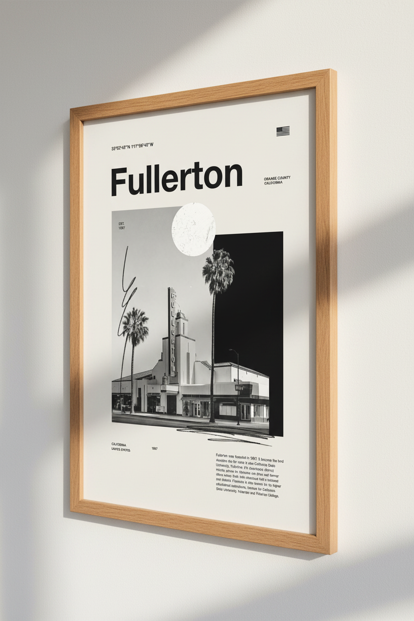 Fullerton California Wall Art | Modern Monochrome Travel Poster, Orange County Decor