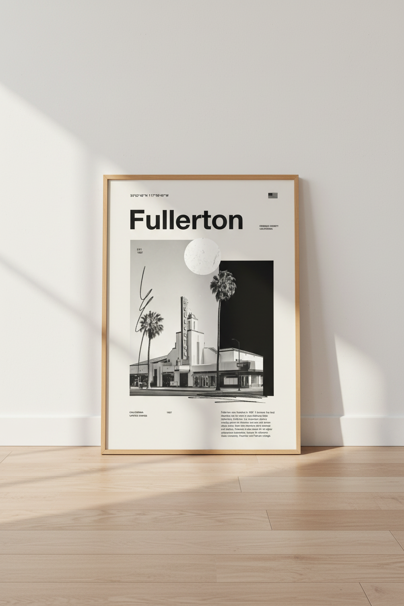 Fullerton California Wall Art | Modern Monochrome Travel Poster, Orange County Decor