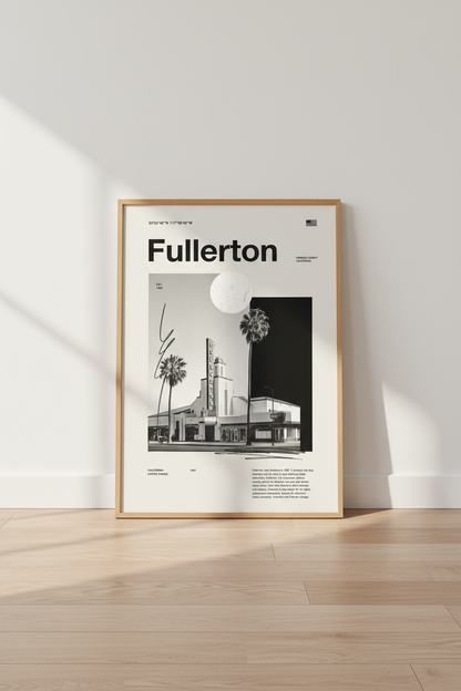 Fullerton California Wall Art | Modern Monochrome Travel Poster, Orange County Decor