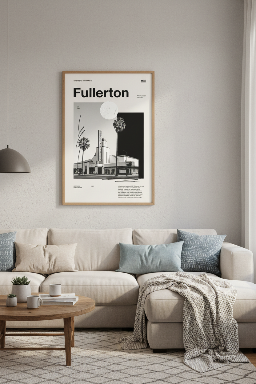 Fullerton California Wall Art | Modern Monochrome Travel Poster, Orange County Decor