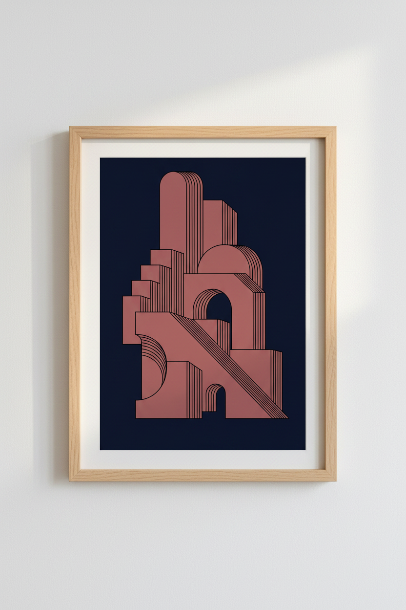 Geometric Arch Architecture Print | Terracotta Navy Minimalist, Modern Office Decor