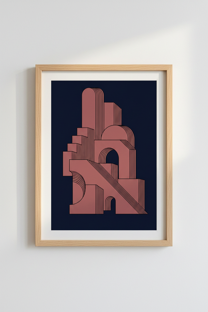 Geometric Arch Architecture Print | Terracotta Navy Minimalist, Modern Office Decor