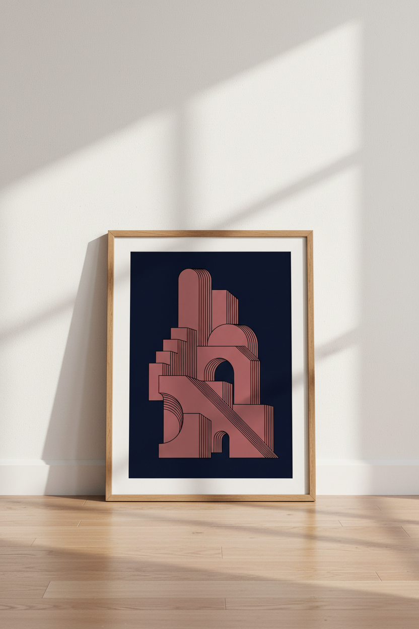 Geometric Arch Architecture Print | Terracotta Navy Minimalist, Modern Office Decor