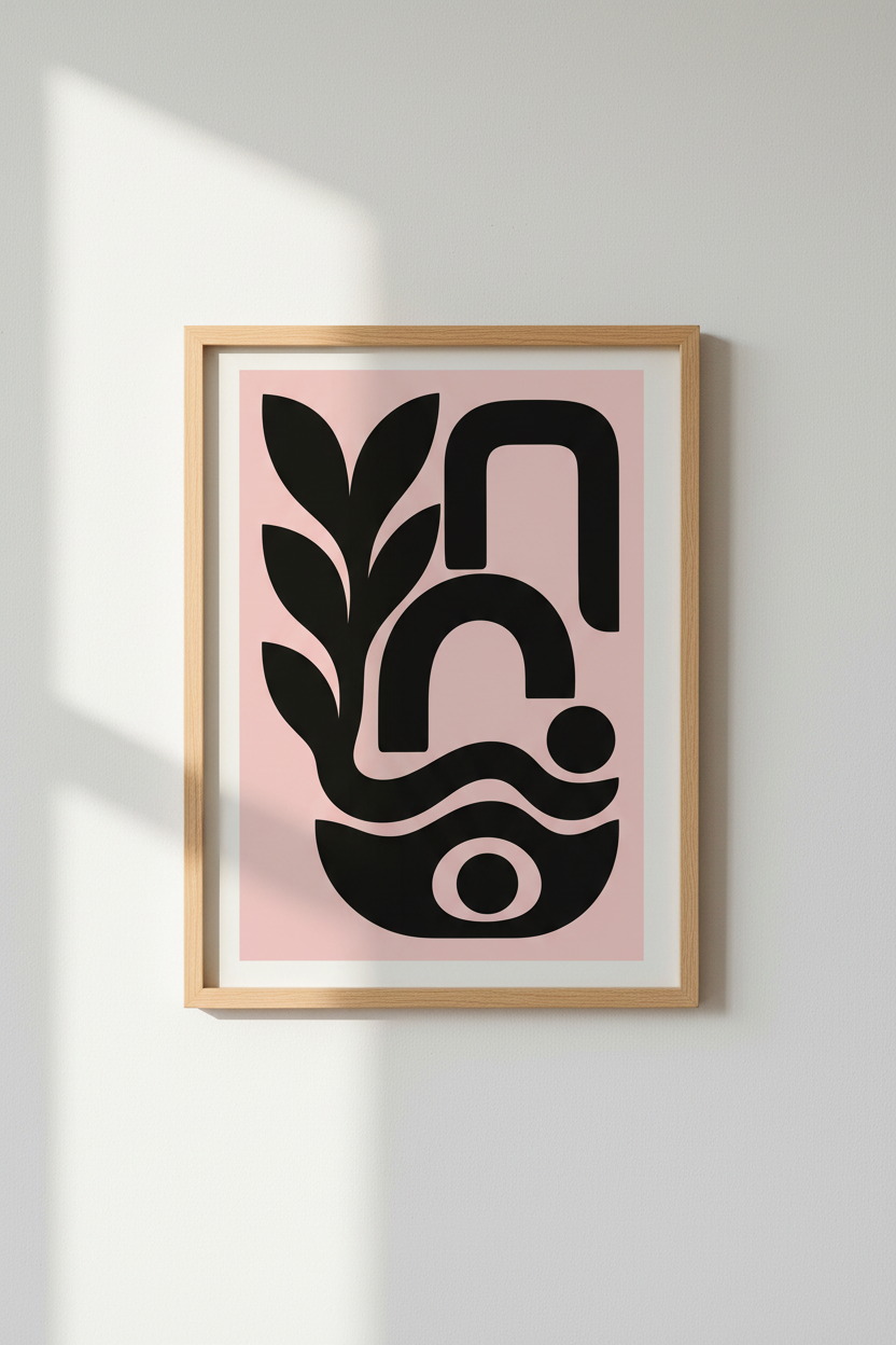 Abstract Botanical Wall Art | Black &amp; Pink Minimalist Decor | Boho Bedroom Poster