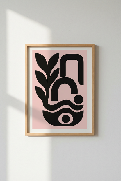 Abstract Botanical Wall Art | Black &amp; Pink Minimalist Decor | Boho Bedroom Poster