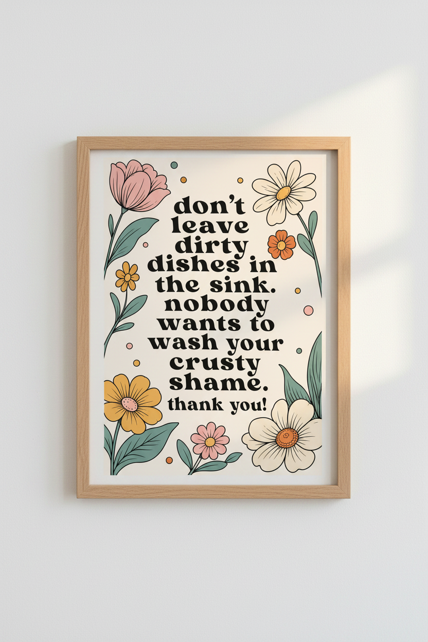 Funny Dirty Dishes Kitchen Wall Art | Retro Floral Decor | Groovy Quote Poster