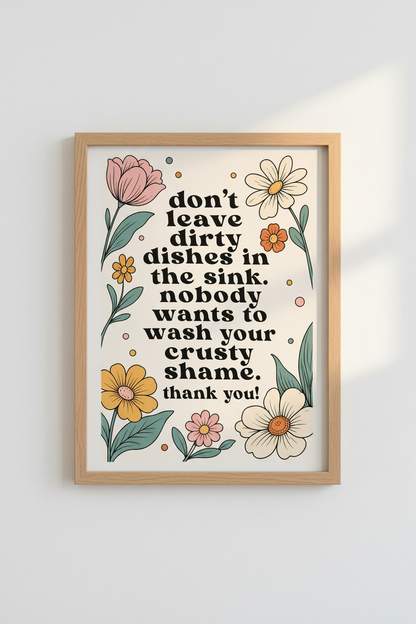 Funny Dirty Dishes Kitchen Wall Art | Retro Floral Decor | Groovy Quote Poster