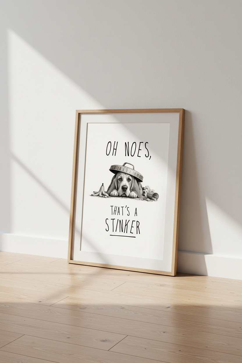 Basset Hound Dog Wall Art | Funny Puppy Pencil Sketch, Pet Room Decor Poster