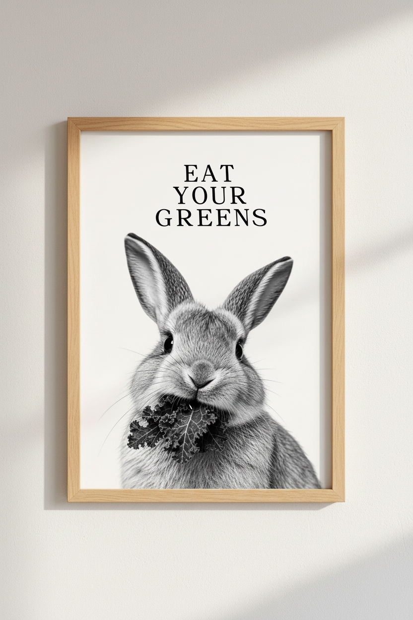 Rabbit Eating Kale Wall Art | Black and White Kitchen Decor | Minimalist Bunny Poster