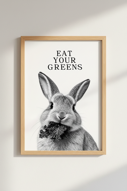 Rabbit Eating Kale Wall Art | Black and White Kitchen Decor | Minimalist Bunny Poster
