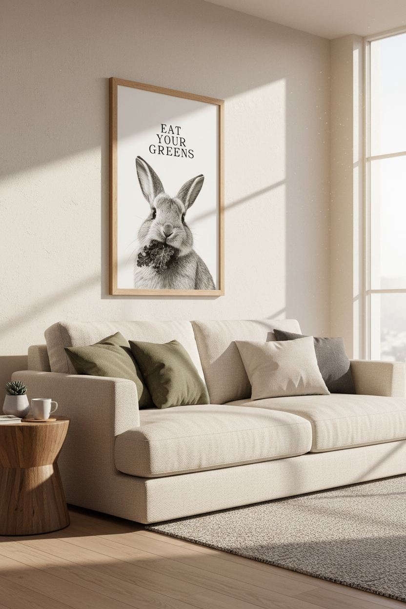Rabbit Eating Kale Wall Art | Black and White Kitchen Decor | Minimalist Bunny Poster
