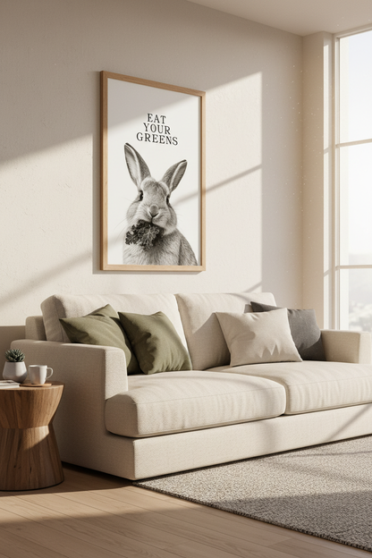 Rabbit Eating Kale Wall Art | Black and White Kitchen Decor | Minimalist Bunny Poster