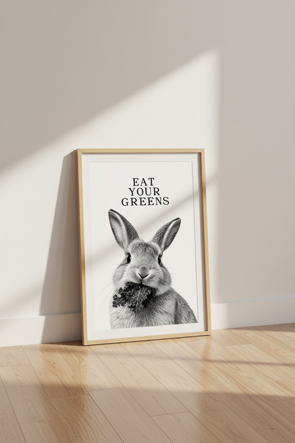 Rabbit Eating Kale Wall Art | Black and White Kitchen Decor | Minimalist Bunny Poster