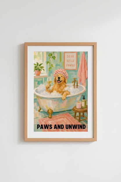Golden Retriever Bathroom Print | Funny Dog Wall Art | Teal &amp; Pink Decor Poster
