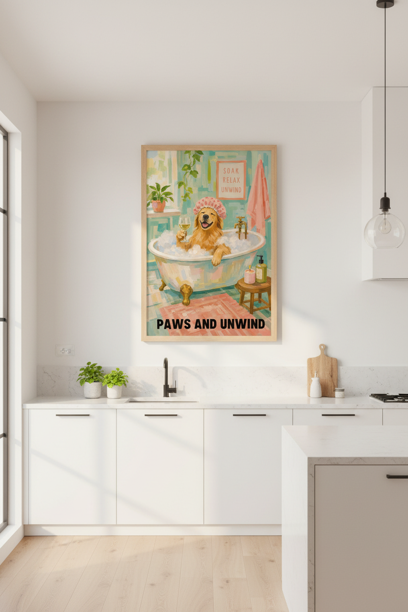 Golden Retriever Bathroom Print | Funny Dog Wall Art | Teal &amp; Pink Decor Poster