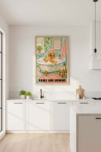 Golden Retriever Bathroom Print | Funny Dog Wall Art | Teal &amp; Pink Decor Poster
