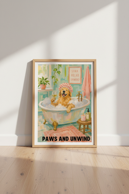 Golden Retriever Bathroom Print | Funny Dog Wall Art | Teal &amp; Pink Decor Poster