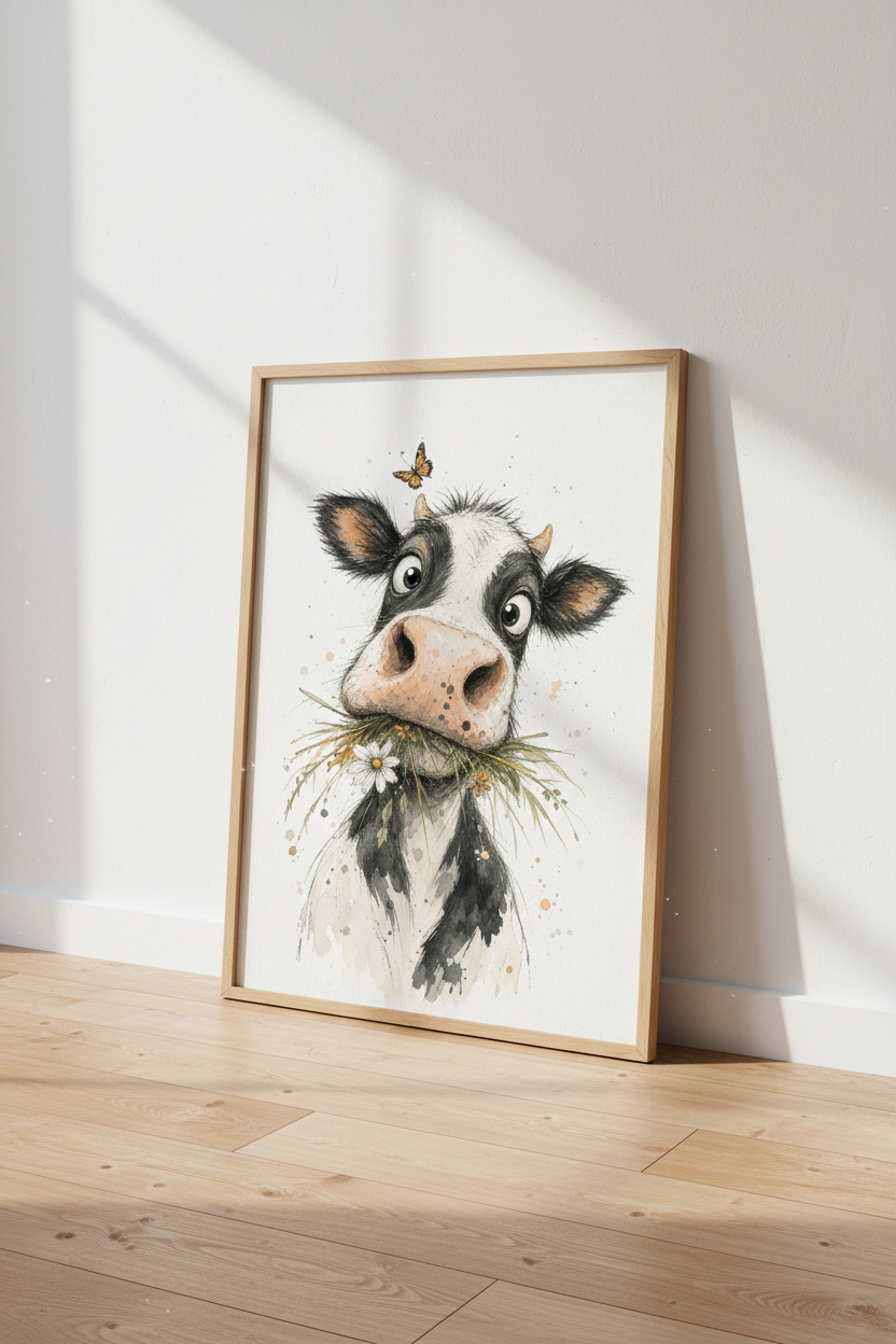 Funny Cow Watercolor Wall Art Print | Boho Farmhouse Decor | Quirky Animal Poster