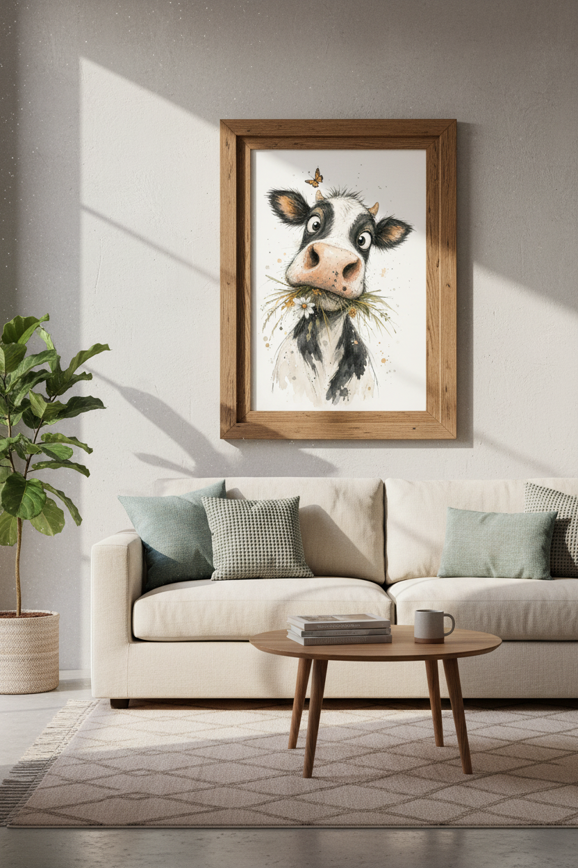 Funny Cow Watercolor Wall Art Print | Boho Farmhouse Decor | Quirky Animal Poster
