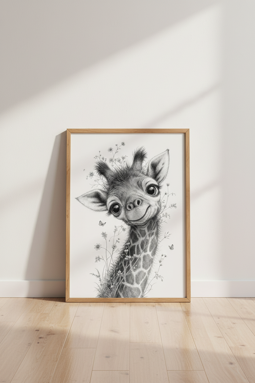 Baby Giraffe Wall Art | Black and White Safari Nursery Decor | Cute Animal Poster