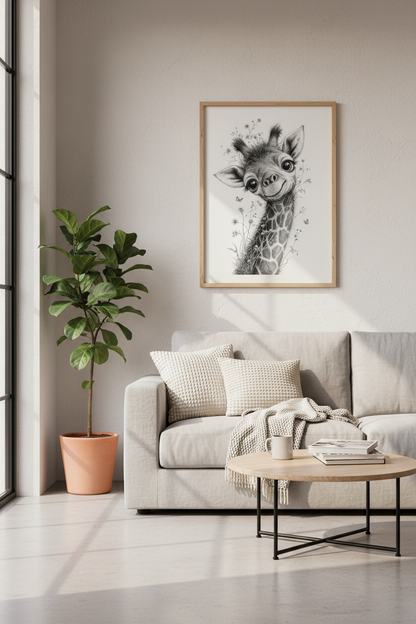 Baby Giraffe Wall Art | Black and White Safari Nursery Decor | Cute Animal Poster