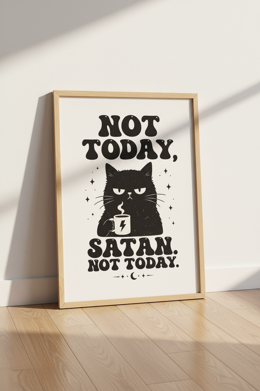 Not Today Satan Cat Art Print | Funny Grumpy Cat Poster | Retro Gothic Home Decor