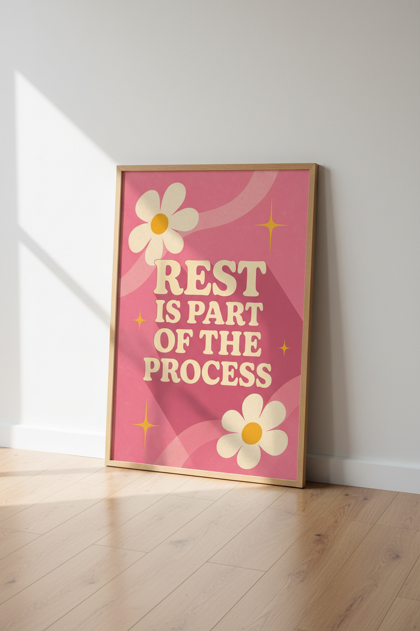 Rest Is Part Of The Process Print | Pink Retro Quote Poster | Mindful Room Decor