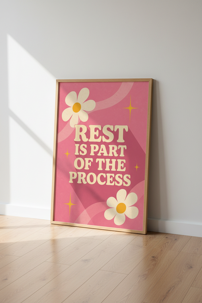 Rest Is Part Of The Process Print | Pink Retro Quote Poster | Mindful Room Decor