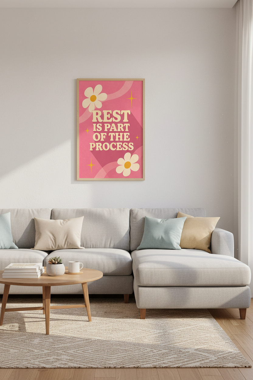 Rest Is Part Of The Process Print | Pink Retro Quote Poster | Mindful Room Decor