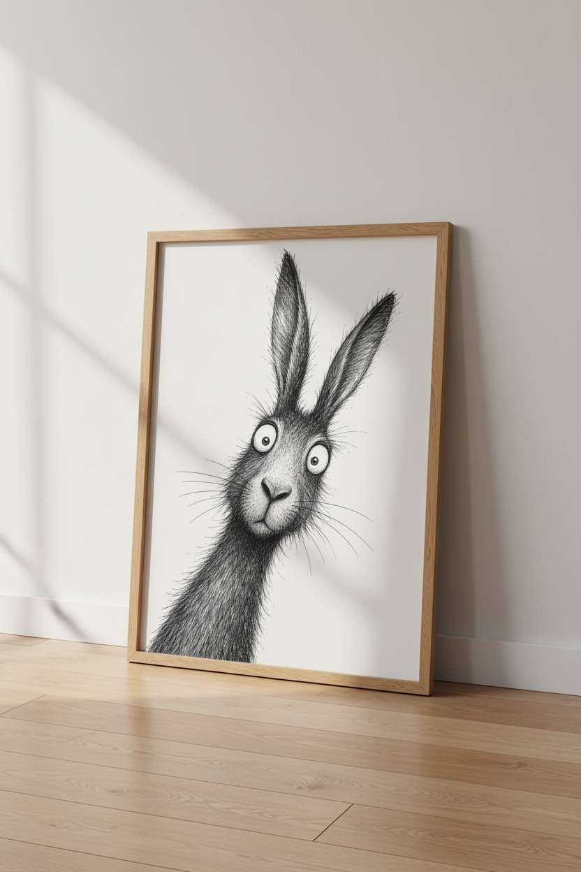 Funny Hare Sketch Wall Art | Black and White Rabbit Print, Nursery &amp; Office Decor
