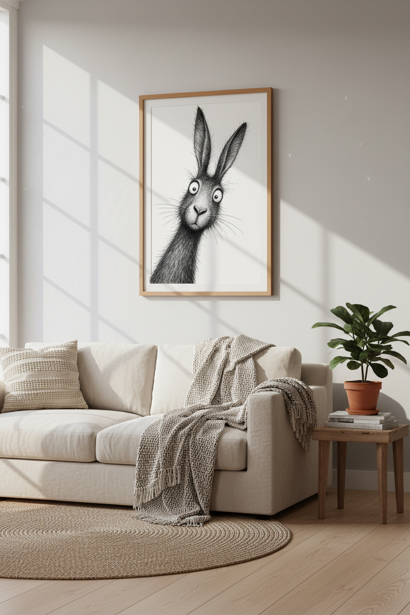 Funny Hare Sketch Wall Art | Black and White Rabbit Print, Nursery &amp; Office Decor